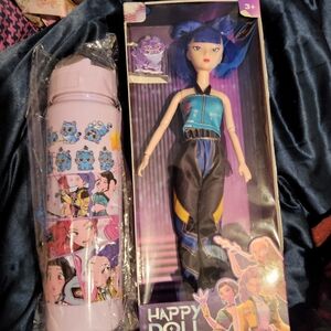 Blue and Black Fashion Doll with Pink Anime Water Bottle